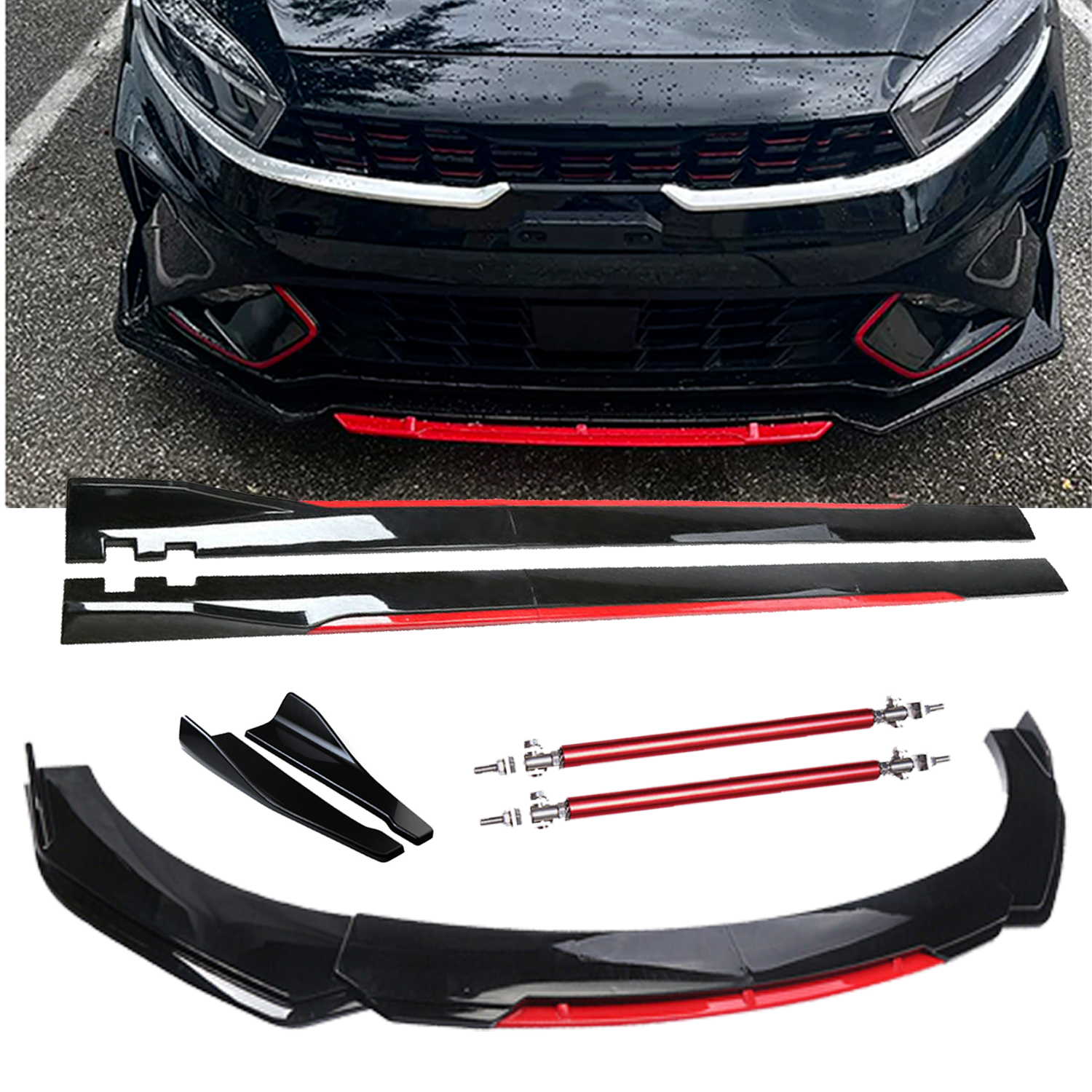 Kia Forte 2010-2023 Glossy Black Red Front Bumper Lip Spoiler Splitter Body Kit