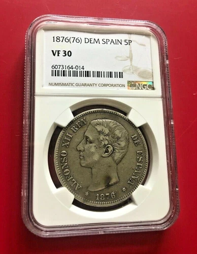 1876(76) DEM SPAIN 5 PESETAS NGC VF 30