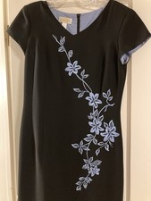 Talbots Ladies Sheath Cocktail Dress Black w/Embroidered Blue Floral - Size 6