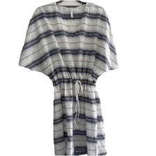 SEAFOLLY AUSTRALIA LT BLUE/WHT 100% LINEN DRAWSTRING WAIST COVER UP SZ L