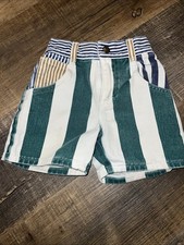 VTG Boys Oshkosh Denim Striped Blue Green Shorts Cargo Sz 2T Rare 80  s 90  s