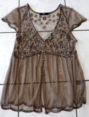 Buckle Bke Boutique Top VTG Women M Brown Sheer Beaded coverup cardigan Y2K H214
