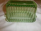 Vintage Green Uranium Depression Glass Ribbed Butter Dish W/Tab Handle & Lid.