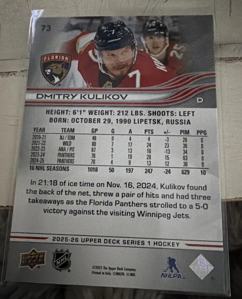 2025-26 Upper Deck Base  Dmitry Kulikov - Florida Panthers UD Exclusive 38/100 - Image 2 of 2