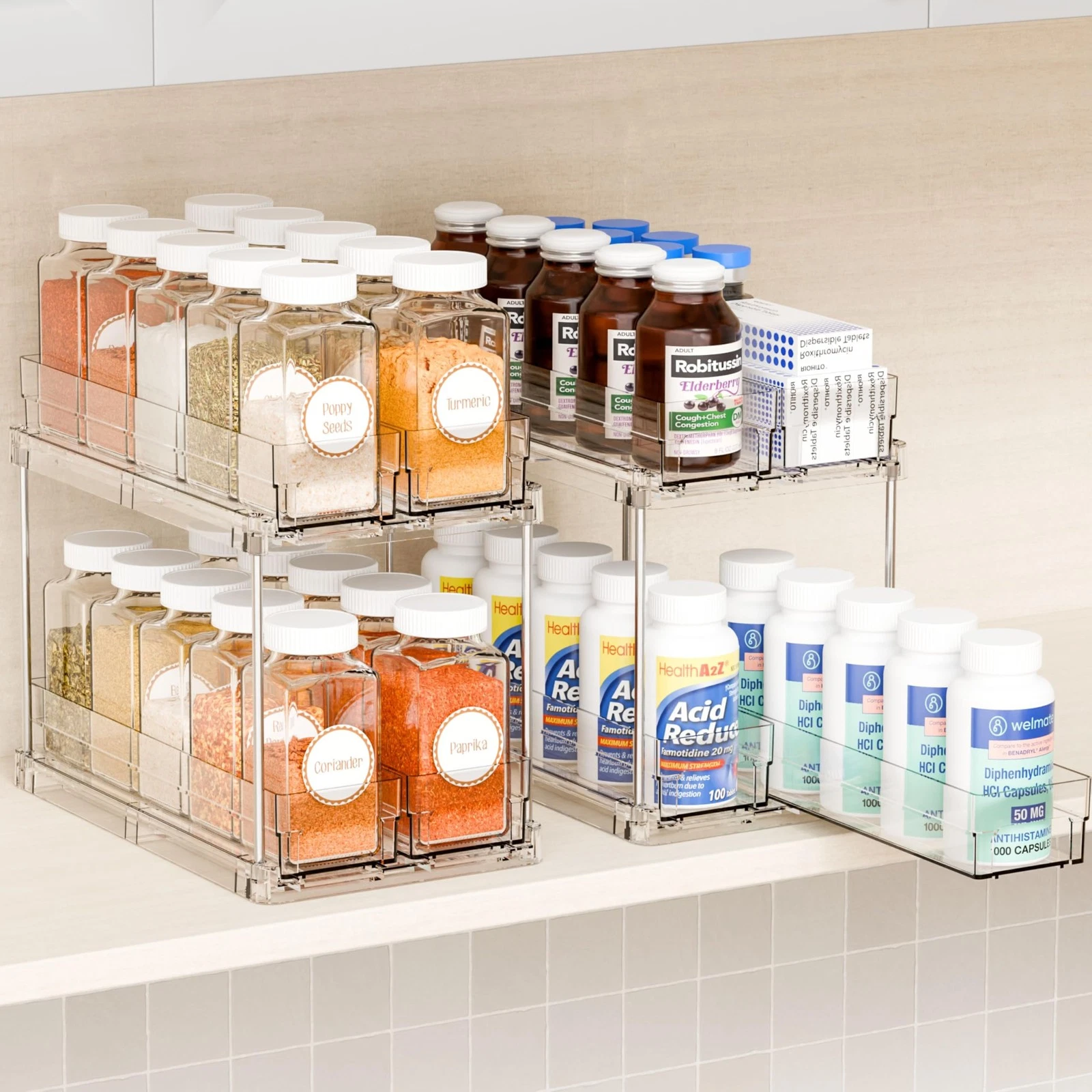 2 Tier Sliding Spice Racks for Cabinets,2 Pack 10.4'' Deep Narrow Vertical Sp...