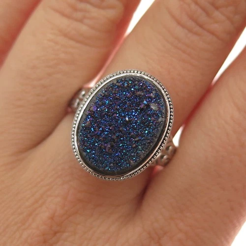 925 Sterling Silver Vintage Real Druzy Ornate Floral Ring Size 10.25