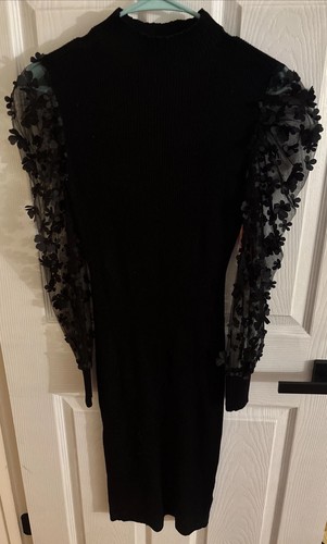 Almost Famous Dress Medium Black Stretch With Cut Out Flower Sleeve Bodycon - Picture 1 of 5