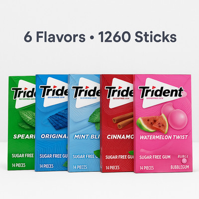 Trident Sugar Free Gum Variety 6 Boxes 15x14 Sticks Each - 6 Flavors (1260)