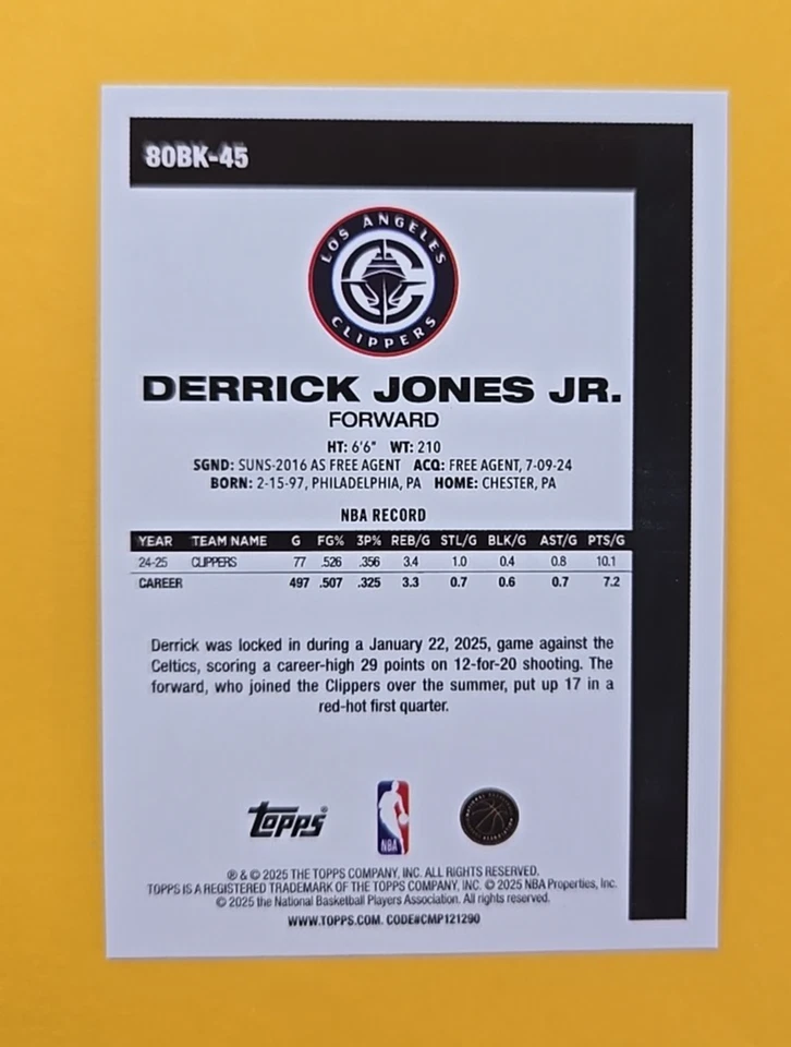 Derrick Jones Jr. - Clippers - 2025-26 Topps - 1980-81 45th Foil - #80BK-45 - Image 2 of 2