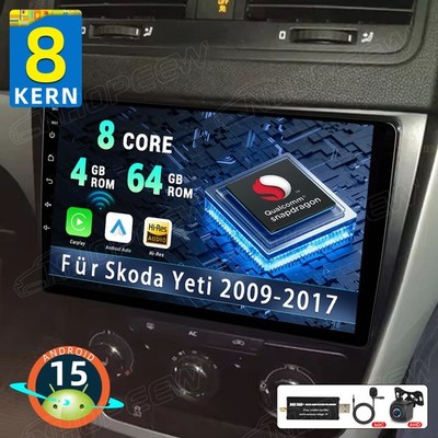 DAB+ 8-Kern 4+64GB Android 15 Autoradio GPS CarPlay KAM Für Skoda Yeti 2009-2017