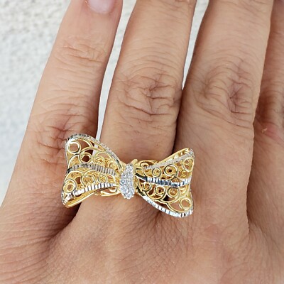 Diamond cut 14k gold bow ring size