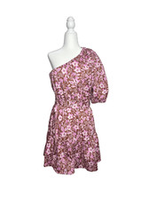 Jason Wu One Shoulder Puff Sleeve Floral Belted Mini Dress Pink Tan Size Large