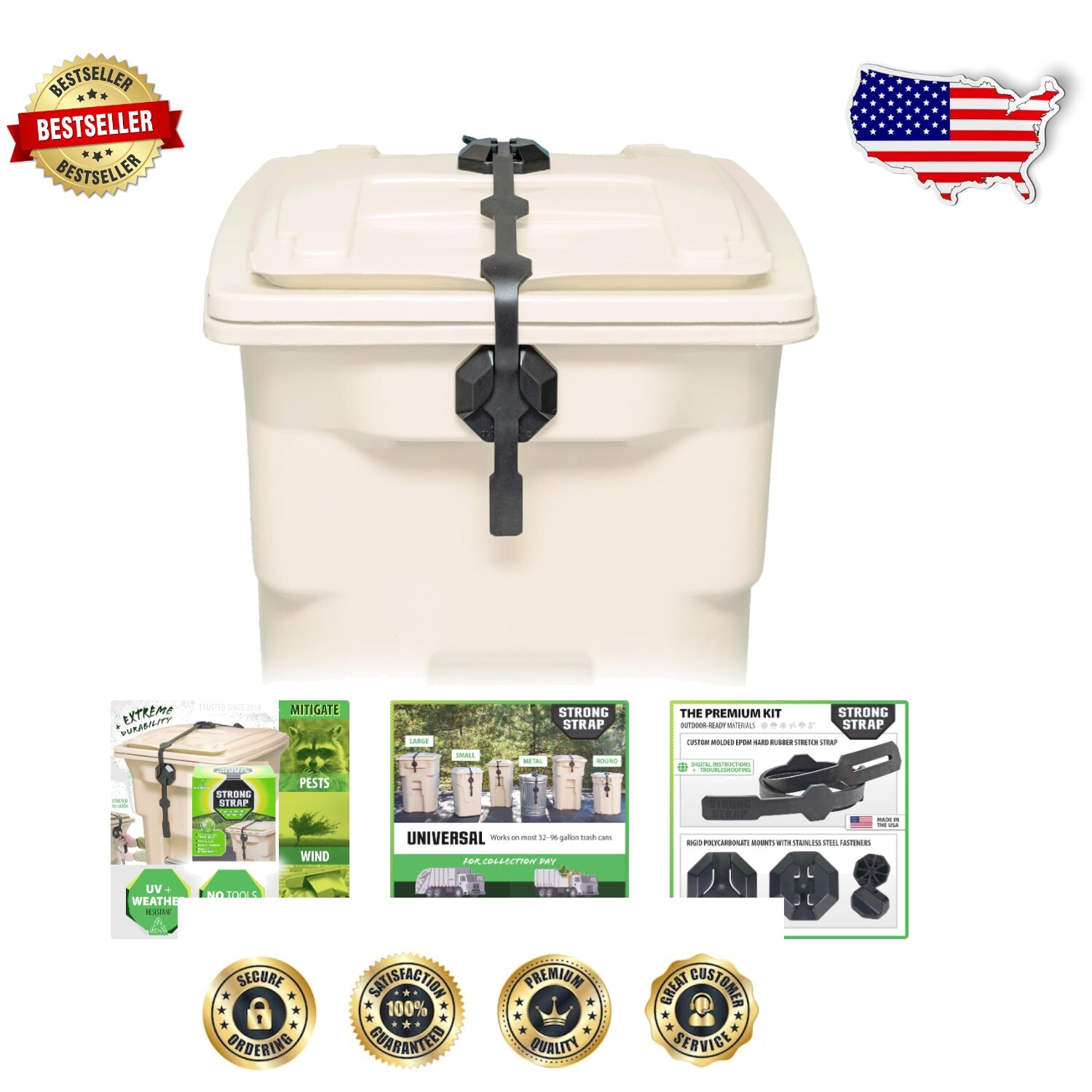 Weather-resistant Garbage Can Lid Retainer with Three Locking Positions - Black