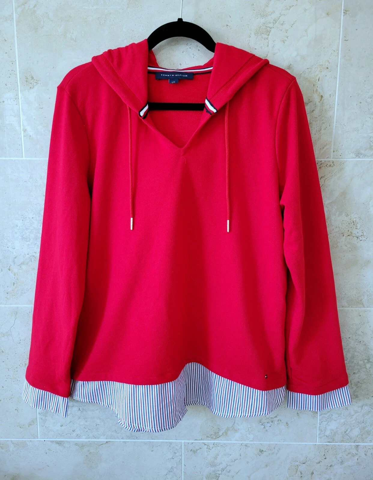 Tommy Hilfiger Womens Size Large Hooded Sweatshirt Twoffer Contrast Hem Red