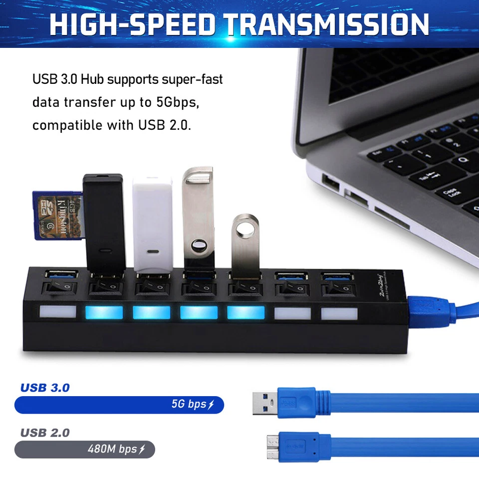 USB 3.0 Hub 7 Port On/Off Switch High Speed Splitter AC Adapter Cable PC Laptop - Image 4 of 4