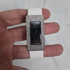 DNKY Dress Watch Diamond Surround White Band Rectangle NEW Battery 