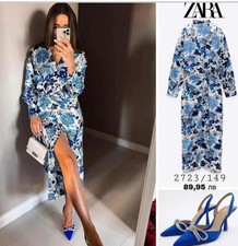 Zara Blue White Satin Floral Midi Dress Size Large UK 12 Front Split Blogger Fav