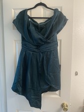 NEW Lulus Always Celebrating Dark Green Satin Off The Shoulder Mini Dress Size L