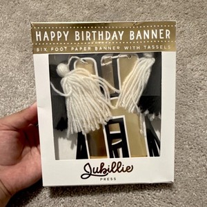 Jubillie Press Birthday Party Banner 6ft Paper Gold Black White with Tassels