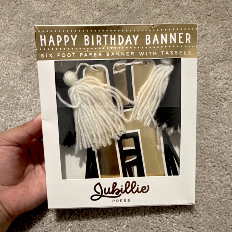 Jubillie Press Birthday Party Banner 6ft Paper Gold Black White with Tassels