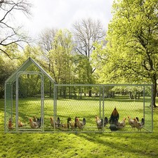 Walk-in Metal Chicken Coop Poultry Cage Pet House w/Chicken Run Cover 10x3.3x5FT