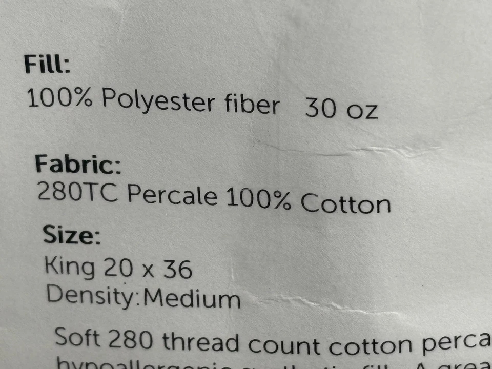 Cuddledown Synthetic Pillow KING Size  20 in x 36 in Medium Density NEW - Image 2 of 4