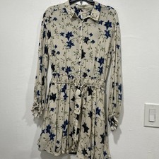 Free People Lighten Up White & Blue Floral Long Sleeve Button Mini Dress, size S