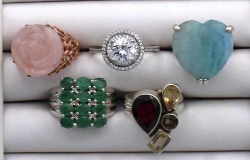 VINTAGE 925 SILVER COCKTAIL RING LOT CARVED ROSE*GSJ AVENTURINE HEART*SAM*HALO