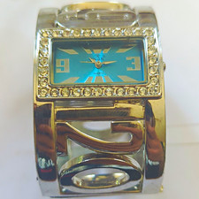 Qian Damen Quarz Armbanduhr Armreif Metall silber rechteckig blau Strass