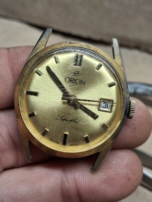Orion Superflat Gold Tone Mens Vintage 1970s Mechanical Handwind Watch Retro...