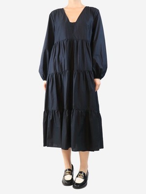 Matteau Black cotton tiered midi dress - size UK 10