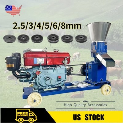 Animal Feed Pellet Mill Machine 3-Roller 2.5/3/4/5/6/8mm w/8HP Diesel Engine