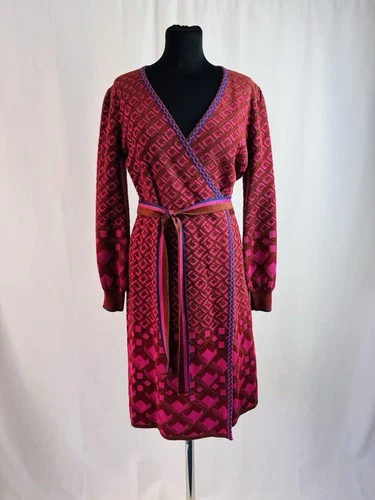 Diane von Furstenberg Women’s Metallic Knit Wrap Dress Pink Geometric Print Sz M
