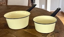 Vintage Set of 2 Butter Yellow Enamel Enamelware Saucepans Pans Pots Farmhouse
