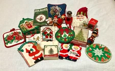 Grandma's Estate Vintage Christmas Junk Drawer Lot Pot Holders Coasters Retro