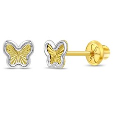 14k Yellow and White Gold Two-tone Butterfly Screw Back Earrings for Young Girls