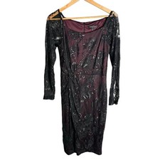David Meister Sequin Lace Sheath Dress Black / Maroon Size 6