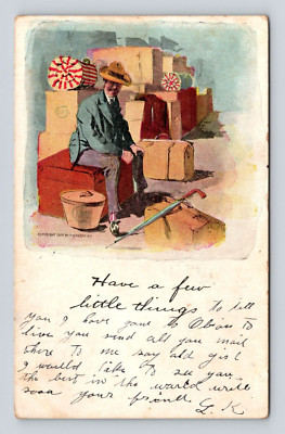 Postcard Man Too Much Luggage Trunks I P G CIPG Obion TN 1907 Undivided Back