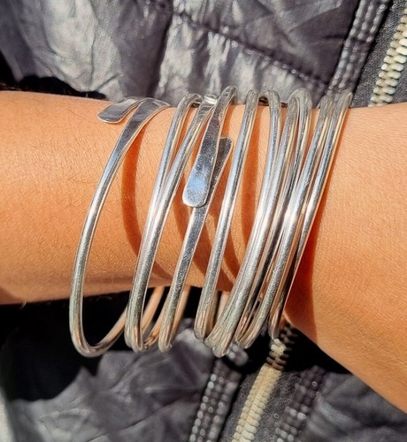 Solid 925 Sterling Silver Bangles, Hammered Bangles Stacking Set of 7 Bangles