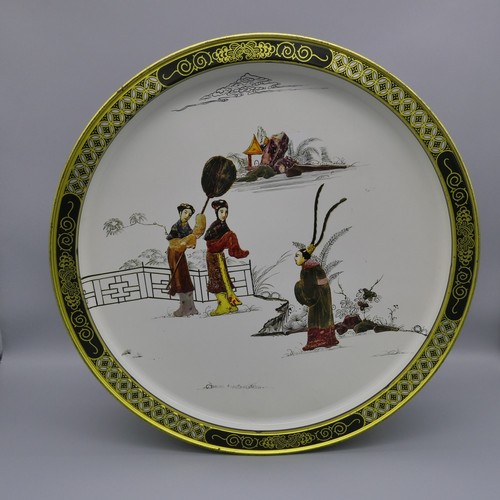 Vintage Asian Tin Box Tray Lid Two Sided T'ang Dynasty Litho Art Red White 13.5" - Picture 2 of 24