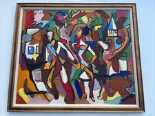 ANTIQUE PAINTING JO CAIN WPA ARTIST ABSTRACT CUBISM MID CENTURY FAMOUS FIGURES