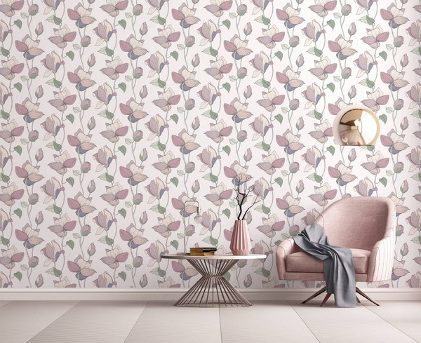 Vliestapete Floral Illustration Blumen BläTter Weiß Rosa GrüN 47472 (6,92€/1Qm)-image