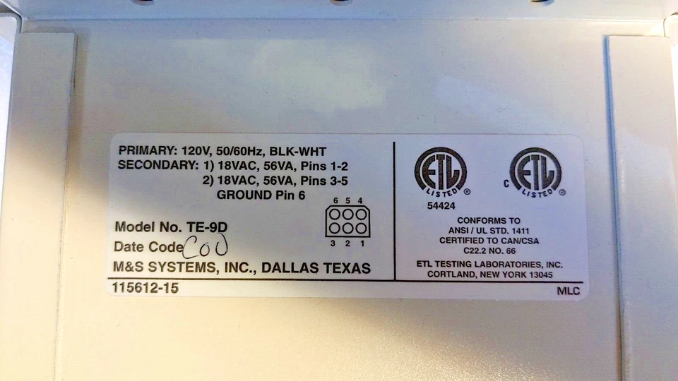 Transformador de potencia Te-9d para intercomunicador estéreo MC902 y Broan Kn600 y otros M&S  Foto 3 de 4