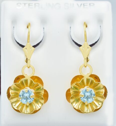 LAB CREATED 1.60 Cts BLUE TOPAZ FLOWER DANGLING EARRINGS .925 Silver - NWT - Picture 2 of 4