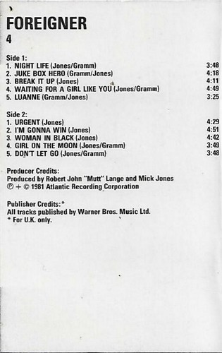 Foreigner 4 CASSETTE ALBUM ROCK Pop Rock, Classic Rock - Picture 4 of 8