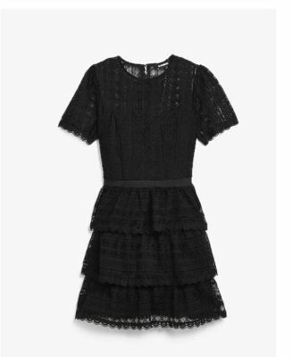 Express Black Floral Lace Tiered Short Sleeve Crew Neck Fit Flare