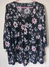 Alfani Floral Print V-neck 3/4 Sleeve Blouse Size 2X Pullover Black/Pink/White