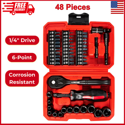 48 Piece 1/4 Inch Mini Socket Ratchet Wrench Set, Shallow Socket (4-14mm)6-Point