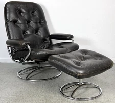 Vintage 1971 Mid Century Ekornes Stressless Brown Leather Recliner and Ottoman