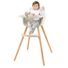 Babyjoy 3 In 1 Convertible Wooden Toddler Highchair w/ Cushion Baby Gift Beige